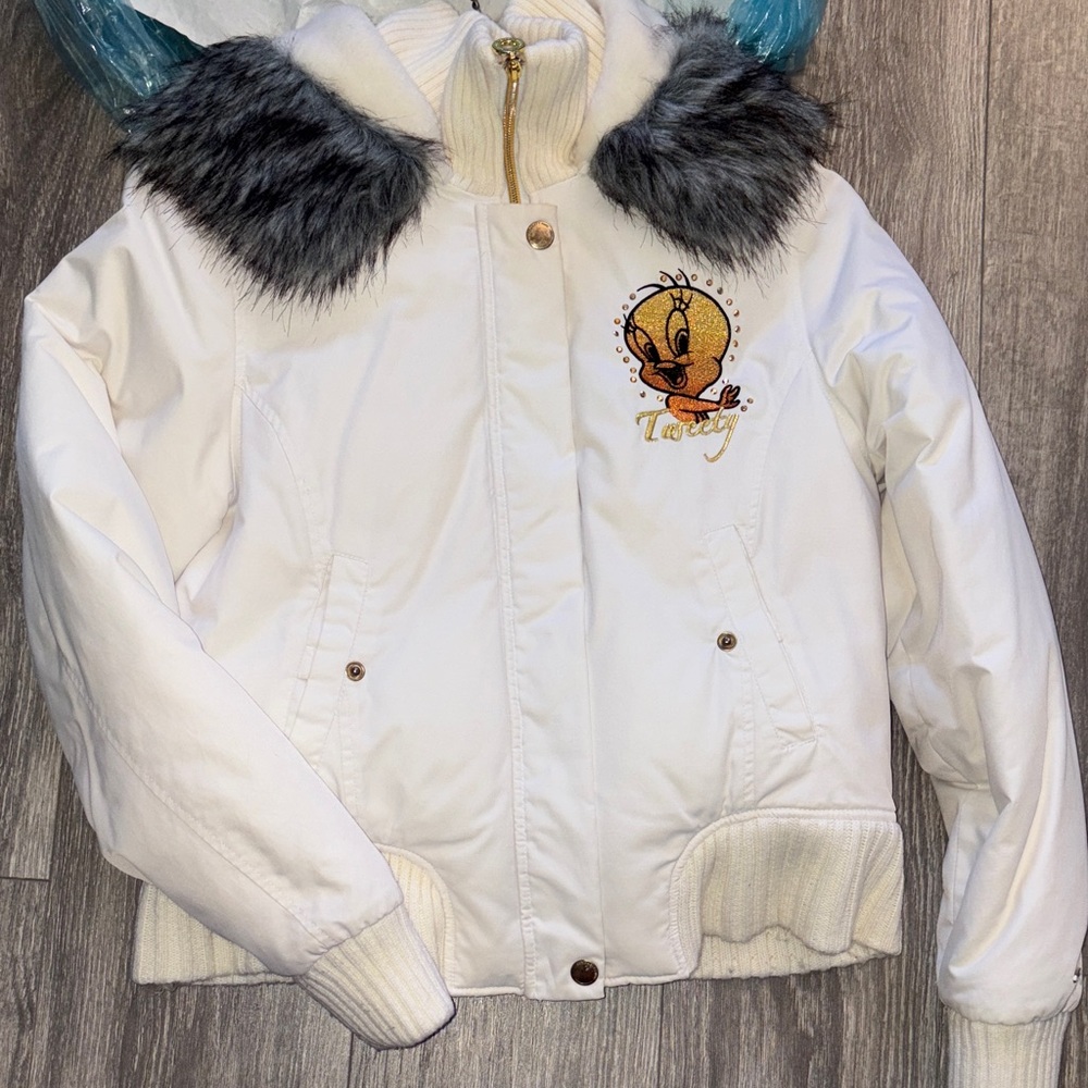 White Jacket with Tweety Embroidery and Faux Fur Collar